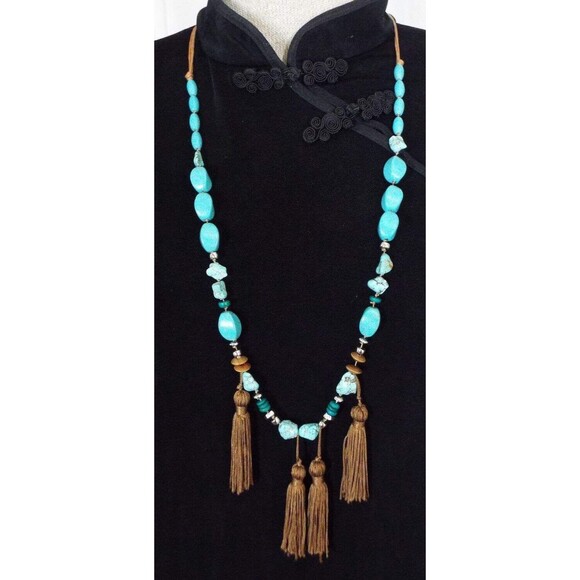 Chico's Faux Turquoise Beads Gold Fabric Tassels Leather Cords Long 38" Necklac - Picture 5 of 5